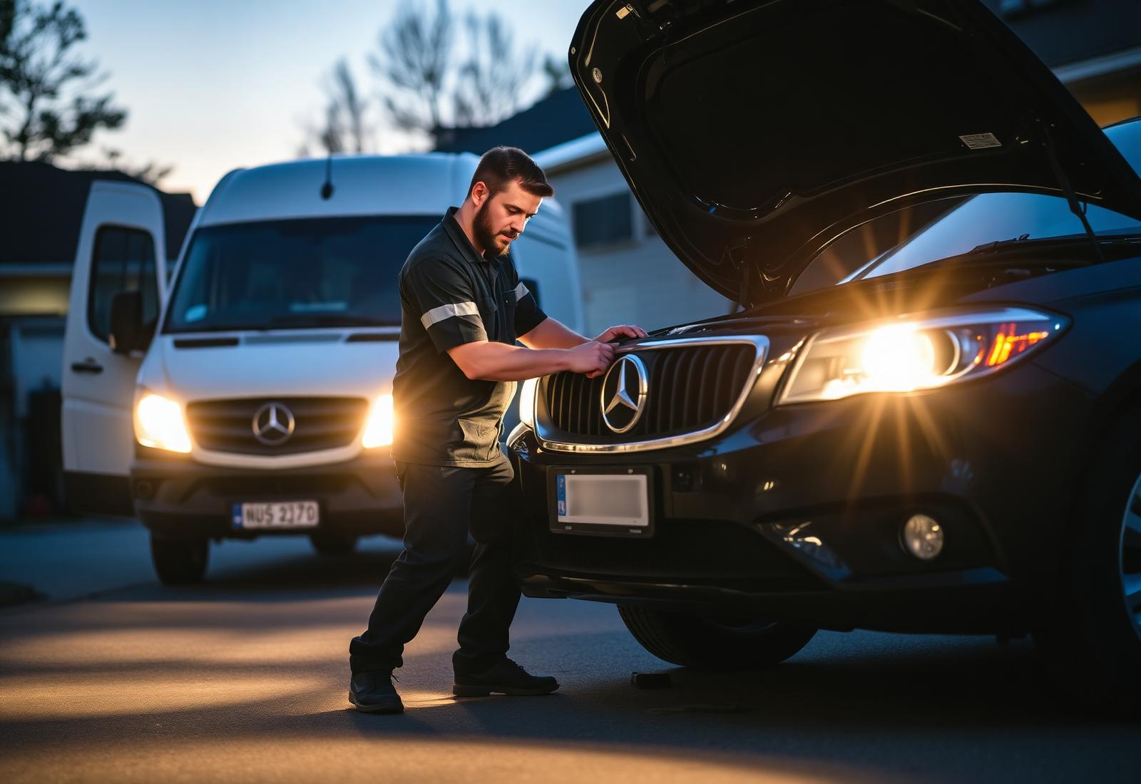Mobile mechanic repairing a car in a driveway with service van